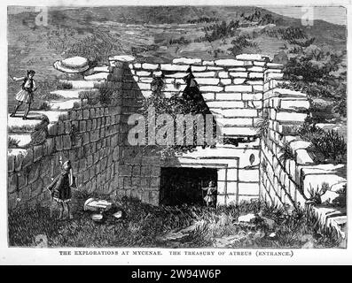 Gravur der Erkundung von Mykene, der Eingang zur Schatzkammer von Atheus, um 1880 Stockfoto