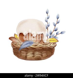 Ostern in Aquarellen. Korb, Osterkuchen, Federn, ein Zweig flauschiger Weide. Für Aufkleber, Küchentextilien, Grußkarten, Paket Stockfoto