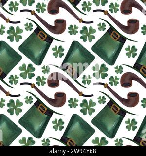 Nahtloses Muster mit Symbolen Irlands. Geschenkpapier für St.. Patrick's Day. Aquarell im Vintage-Stil auf weißem Hintergrund Stockfoto