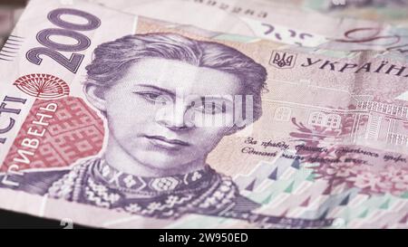 Ein Nahanblick auf eine ukrainische Griwna-Banknote aus dem Jahr 200 zeigt die fesselnde Darstellung von Lesya Ukrainka und zeigt die komplizierten Details der ukrainischen Stockfoto