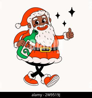 Betrunkener schwarzer Weihnachtsmann. Grooviger Vintage lustiger Weihnachtsmann Charakter trinkt Alkohol. Stock Vektor