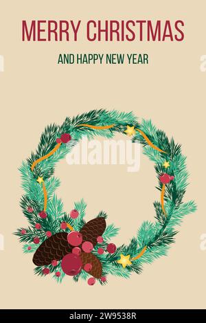 Weihnachtskarte mit Weihnachtskranz aus Tannenzweigen mit rotem Band, roten vogelbeeren und Tannenzapfen auf dem Hintergrund. Mit Text. Vertikal. Vektor Stock Vektor