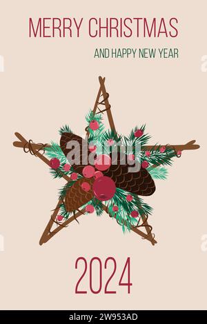 Weihnachtskarte mit grünem Fichtenkranz und braunen Zweigen mit braunen Kegeln, roten Beeren in Sternform. Mit Text. Vertikal. Vektor Stock Vektor