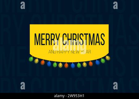 Neujahrskarte mit Weihnachtsgirlande aus mehrfarbigen Birnen auf blauem Hintergrund und blauem Text auf gelbem Hintergrund. Horizontal. Vektor. Stock Vektor