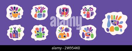 Schlichte Kollektion mit Illustrationen aus Kreaturen und Blättern im auffälligen Stil für Kinder mit lustigem Grafikdesign. Skurrile bunte Vektorzeichnung im fröhlichen Folklore-Stil Stock Vektor