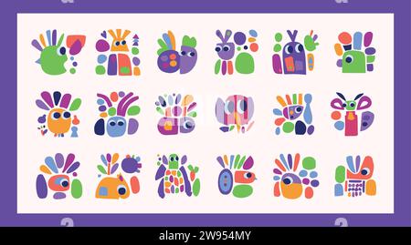 Schlichte Kollektion mit Illustrationen aus Kreaturen und Blättern im auffälligen Stil für Kinder mit lustigem Grafikdesign. Skurrile bunte Vektorzeichnung im fröhlichen Folklore-Stil Stock Vektor