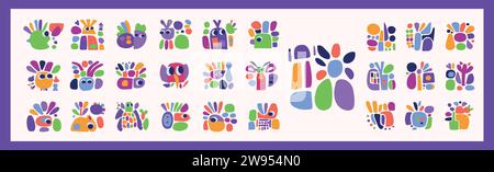 Schlichte Kollektion mit Illustrationen aus Kreaturen und Blättern im auffälligen Stil für Kinder mit lustigem Grafikdesign. Skurrile bunte Vektorzeichnung im fröhlichen Folklore-Stil Stock Vektor