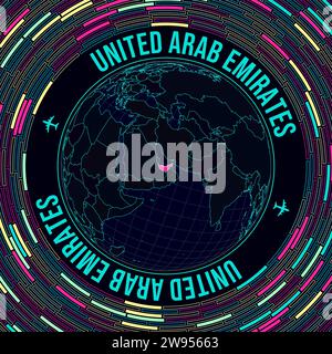 VAE auf der Welt. Satellitenansicht der Welt im Zentrum der Vereinigten Arabischen Emirate. Leuchtender Neonstil. Futuristischer Radialziegelhintergrund. Wunderschöne Vektorillustration. Stock Vektor