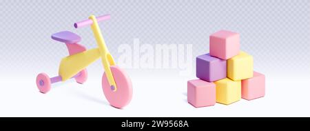 3D-Dreirad und Stapel von Farbwürfeln isoliert auf transparentem Hintergrund. Vektor-realistische Illustration des niedlichen Spielzeugtransports für Kinder, Konstruktion bl Stock Vektor
