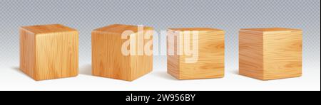 3D-Holzwürfelblock zum Spielen realistischer Vektor. Isoliertes kubisches Holzspielzeugdesign. Bauziegel Spielzeugset Mockup. 4 einfache Holzreinheiten Stock Vektor