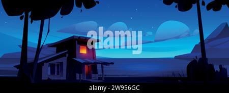 Holzhütte am Ufer des Sees oder Flusses mit Hintergrund der Berge bei Nacht. Cartoon Abendlandschaft - Holzhaus mit Licht aus Fenstern, Tre Stock Vektor