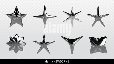 Chrom y2k Sterne verschiedener Formen - 3D realistische Vektor-Illustration Set von Silber aufblasbaren flüssigen Metall abstrakte Formen. Grafische Designelemente mA Stock Vektor