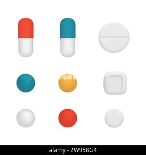 Set von 3D-Vektorpillen. Arzneimittel, Tabletten, Kapseln, Arzneimittel von Schmerzmitteln, Antibiotika, Vitamine. Arzneimittel im Gesundheitswesen. Vektorillustration in Cartoon Stock Vektor