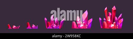 Cluster aus rosafarbenen Edelsteinkristallen für das Design der benutzeroberfläche auf Spielniveau. Cartoon-rpg-Anlagen wachsender Haufen von hellen Diamanten-Rohmaterialgesteinen. Vec Stock Vektor