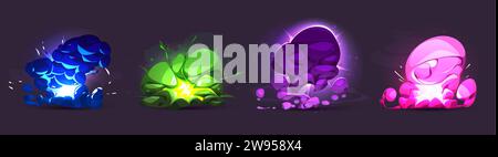 Cartoon Explosion Effect - Spiel ui Magic Comic farbenfroher explosiver Boom mit Feuer, Rauch und Funkeln. Zeichentrickvektor-Illustration Satz der Energie der stückliste Stock Vektor