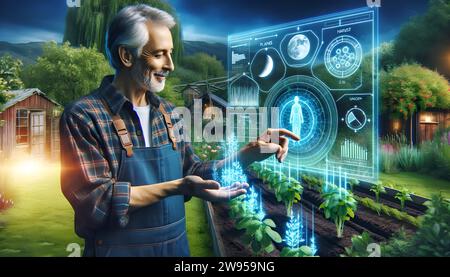 Älterer Mann mit futuristischer Gartentechnologie, der das Pflanzenwachstum über eine holografische Schnittstelle in einem üppigen Garten analysiert Stockfoto