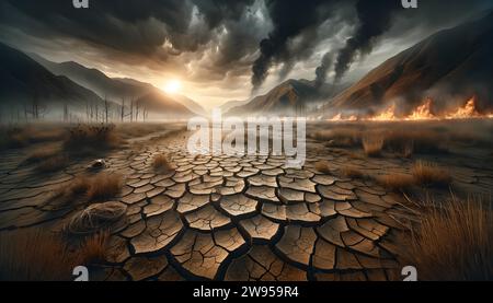 Verheerende Waldbrände und Dürre: Auswirkungen des Klimawandels auf die Wälder, dringende Notwendigkeit von Umweltmaßnahmen. Trockener, zerrissener Boden, tote Vegetation Stockfoto