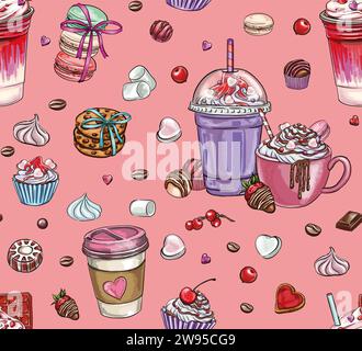 Nahtloses Muster von romantischen Cupcakes und Kaffeegetränken, Desserts und Cocktails, Getränken, Digitaldruck, T-Shirt-Designs, Aufkleber, Beutelmuster und Stock Vektor