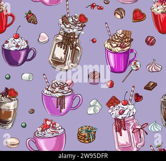 Nahtloses Muster aus Süßigkeiten, Desserts und Kaffeegetränken zum Valentinstag mit süßen Tassen. Digitaldruck, T-Shirt-Designs, Aufkleber, Taschenmuster Stock Vektor