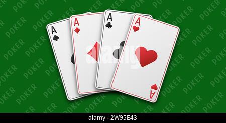 Fans von Karten mit Handspielen. Vier Asse mit dem Anzug aus Herzen, Schlägern, Diamanten und Pik. Vetor-Abbildung. Poker- oder Casino-Konzept. Grün spielt t Stock Vektor