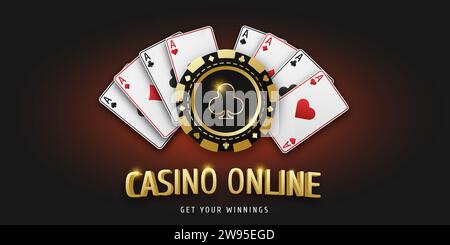 Casino online. Realistischer Spielchip mit dem Anzug von Clubs und Ass-Karten aller Anzüge. Spielmarken. Concept Poker oder Casino. Banner für Stock Vektor