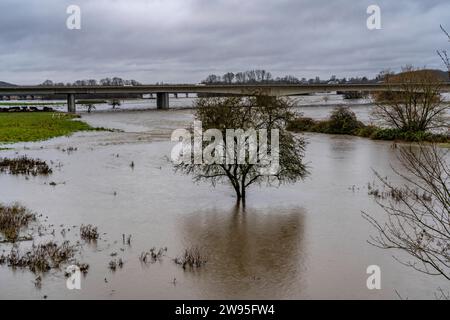 Hochwasser an der Ruhr, nach tagelangen, starken Regenfälle führt die Ruhr Hochwasser, Warnstufe 2 von 3, hier Bereiche unterhalb der Autobahn A40 zwischen Duisburg, Mülheim und Oberhausen, NRW, Deutschland, Hochwasser Ruhr *** Hochwasser am Ruhr, nach Tagen Starkregen ist das Ruhr überschwemmt, Warnstufe 2 von 3, hier Gebiete unterhalb der Autobahn A40 zwischen Duisburg, Mülheim und Oberhausen, NRW, Deutschland, Ruhrhochwasser Stockfoto