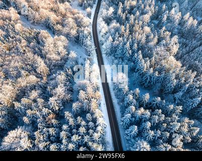 Luftaufnahme einer verschneiten, kurvenreichen Straße durch einen Nadelwald im Winter, Luftaufnahme, Schwarzwald Dobel, Deutschland Stockfoto