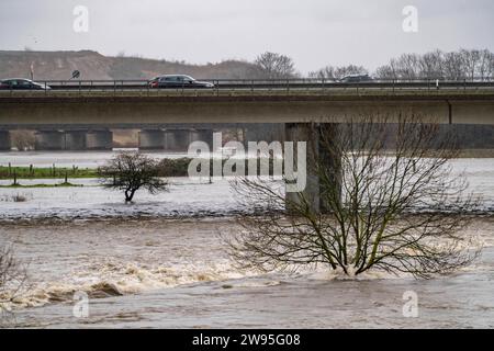 Hochwasser an der Ruhr, nach tagelangen, starken Regenfälle führt die Ruhr Hochwasser, Warnstufe 2 von 3, hier Bereiche unterhalb der Autobahn A40 zwischen Duisburg, Mülheim und Oberhausen, NRW, Deutschland, Hochwasser Ruhr *** Hochwasser am Ruhr, nach Tagen Starkregen ist das Ruhr überschwemmt, Warnstufe 2 von 3, hier Gebiete unterhalb der Autobahn A40 zwischen Duisburg, Mülheim und Oberhausen, NRW, Deutschland, Ruhrhochwasser Stockfoto