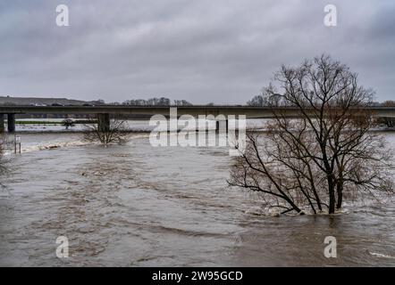 Hochwasser an der Ruhr, nach tagelangen, starken Regenfälle führt die Ruhr Hochwasser, Warnstufe 2 von 3, hier Bereiche unterhalb der Autobahn A40 zwischen Duisburg, Mülheim und Oberhausen, NRW, Deutschland, Hochwasser Ruhr *** Hochwasser am Ruhr, nach Tagen Starkregen ist das Ruhr überschwemmt, Warnstufe 2 von 3, hier Gebiete unterhalb der Autobahn A40 zwischen Duisburg, Mülheim und Oberhausen, NRW, Deutschland, Ruhrhochwasser Stockfoto