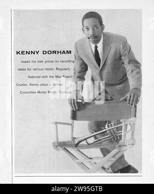 Eine Werbeanzeige für Martin Trompets mit Jazzstar Kenny Dorham. Aus einem Musikmagazin Mitte 1960. Stockfoto