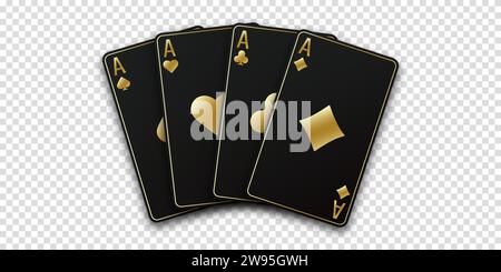 Ein Handfan von Spielkarten, bestehend aus schwarzem und goldenem Pik-Ass, Diamanten, Schlägern und Herzen. Vektor Illustration Poker und Casino des ganzen Ass Stock Vektor