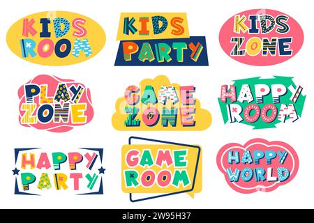 Embleme der Kinderzone. Kindliche Inschriften im Spielzimmer. Farbenfroher Text. Spiele- und Unterhaltungsecke. Helle Schilder. Logo für Kinderspielplatz. Schriftzug Stock Vektor