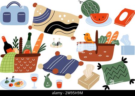 Picknickelemente. Korb mit Speisen für das Abendessen im Freien. Kissen und Decke. Süße Wassermelone. Weinflasche. Obst und Snacks. Oliven und Käse Stock Vektor
