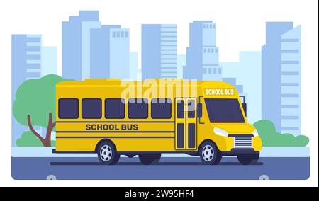 Der Schulbus fährt die Stadtstraße runter. Öffentliche Verkehrsmittel. Gelbes Auto. Reise ins College. Beifahrerautomatik. Städtische Gebäude. Transport von Schulkindern Stock Vektor