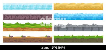 Nahtlose Landschaftsgrenzen. Endlose Oberflächen verschiedener Typen. Parallaxeneffekt-Elemente. Gesteine und Bodenschichten. Eis und Wüstensand. Wiesengras Stock Vektor