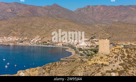 Drohnenfoto der Küstenstadt La Azohia an der Costa Calida, Spanien. Stockfoto