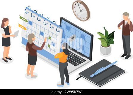 Isometrische Online-Planung. Geschäftsplan und Zeitplan, vom Office-Team verwalteter Arbeitskalender. Unternehmenszeitmanagement, fehlerfreie Vektorszene Stock Vektor