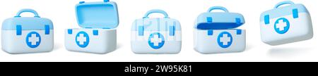 Erste-Hilfe-Thorax 3d.. Realistische Medizin-Kit-Box aus Kunststoff, unterschiedlich drehbar. Notfallpaket, Krankenhaus- oder Krankenwagen-Sicherheitstasche. Isolierte medizinische Pithy Stock Vektor
