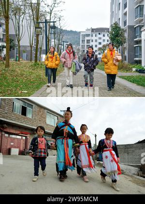 (231224) -- ANSHUN, 24. Dezember 2023 (Xinhua) -- dieses Kombi-Foto zeigt Ji Xue (2. L, oben), der von der Schule im Bezirk Xixiu der Stadt Anshun, südwestchinesischer Provinz Guizhou, 22. Dezember 2023 und Ji Xue (1. R, unten) nach Hause geht. am 22. April 2018 geht es zu einer Bushaltestelle, um von Longtan Village im Bezirk Xixiu zu ihrem neuen Zuhause zu reisen. Vor fünf Jahren begannen die sechsjährige Ji Xue und ihre Familie aus der ethnischen Gruppe der Miao ein neues Leben. Dank der Bemühungen zur Armutsbekämpfung wurden sie in ein neues Zuhause aus unwirtlichen Bergregionen und abgelegenen Gebieten umgesiedelt. Unterstützende Einrichtungen bei der Umsiedlung c Stockfoto