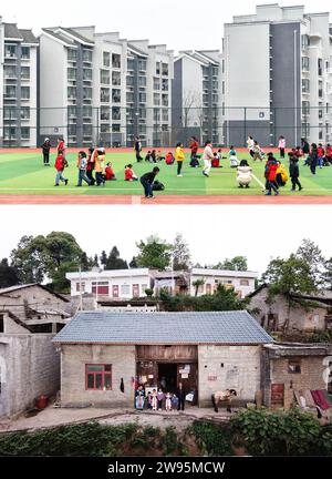 (231224) -- ANSHUN, 24. Dezember 2023 (Xinhua) -- dieses Kombi-Foto zeigt Ji Xue, das mit Klassenkameraden auf dem Schulspielplatz (oben) im Bezirk Xixiu der Stadt Anshun, südwestchinesische Provinz Guizhou, 22. Dezember, spielt. 2023 und Ji Xue posierten für ein Gruppenfoto mit ihrer Familie vor ihrem alten Haus im Longtan Village im Bezirk Xixiu am 22. April 2018. Vor fünf Jahren begannen die sechsjährige Ji Xue und ihre Familie aus der ethnischen Gruppe der Miao ein neues Leben. Dank der Bemühungen zur Armutsbekämpfung wurden sie in ein neues Zuhause aus unwirtlichen Bergregionen und abgelegenen Gebieten umgesiedelt. Unterstützende Einrichtungen in Th Stockfoto