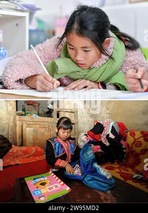 (231224) -- ANSHUN, 24. Dezember 2023 (Xinhua) -- dieses Combo-Foto zeigt Ji Xue, das Zeichnen (oben) in der Schule im Bezirk Xixiu der Stadt Anshun, südwestchinesische Provinz Guizhou, 22. Dezember 2023 und Ji Xue, das Schultasche im Dorf Longtan im Bezirk Xixiu am 21. April 2018 packt. Vor fünf Jahren begannen die sechsjährige Ji Xue und ihre Familie aus der ethnischen Gruppe der Miao ein neues Leben. Dank der Bemühungen zur Armutsbekämpfung wurden sie in ein neues Zuhause aus unwirtlichen Bergregionen und abgelegenen Gebieten umgesiedelt. Die Unterstützungseinrichtungen in der Umzugsgemeinschaft, in der Ji heute lebt, sind immer besser geworden Stockfoto