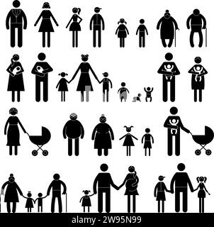 Angehörige kleben. Vater Mutter Kinder Silhouetten neue Vektor-Illustrationen Set Stock Vektor