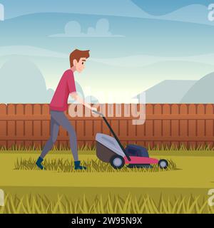 Gras schneiden. Mann arbeitet Rasenmäher Cartoon Hintergrund Stock Vektor