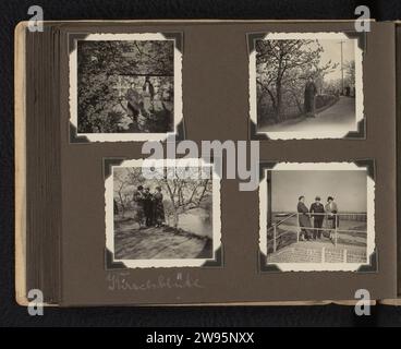 Else Wachenheimer-Moos und ihr Bruder Willy Moos mit einer unbekannten Tante oder Nichte in einem Garten mit japanischer Kirschblüte, Mai 1932, Stade (Saksen), Familie Wachenheimer (evtl.), 1932 Foto Leaf enthält vier Fotos. Alle Fotos von Else Wachenheimer-Moos (im dunklen Mantel ohne Hut), Willy Moos (nur Mann auf den Fotos) und unbekannter Tante oder Nichte der Familie Moos (mit Hut). Aus dem Album, halbgroßer, cremefarbener Staubmantel mit Kordelbindung und Jobmotiv. Fotoförderung Deutschland. Pappgelatine Silberdruck Familienleben zu Hause Sachsen Stockfoto