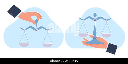 Geschäftsmann hält Waagen in der Hand. Libra-Messgerät mit leeren Platten im Gleichgewicht. Symbol Gerechtigkeit. Vergleichen Sie Gewicht und Bedeutung. Flacher Cartoon-Style Stock Vektor