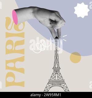 Tourismus in Paris Frankreich Kartenvektor Illustration. Menschliche Hand hält einen Eiffelturm in trendiger Retro-Collage im 90er-Jahre-Stil mit flachem A Stock Vektor