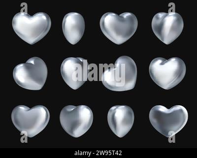 3D-Chromherz. Metallische Herzen Rotation, Stahl Eisen Silber Platin glänzende Metall Objekt isolierte Liebe Symbol geometrische Form y2k Design Stil realistische Vektor Illustration von Metall Chrom Herzen Stock Vektor