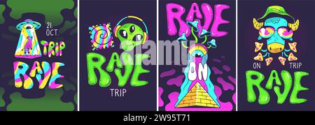 Acid Party. Techno-Musik psychedelische Droge-Reise-freier Flyer, verrückte abstrakte Kunst trendiges Design trippige Aufkleber Buntes Poster zeitgenössischer Stil, Cartoon-Klasse Vektor-Illustration der sauren Techno-Party Stock Vektor