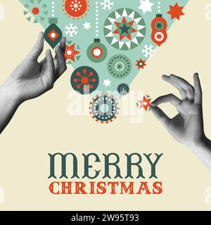 Frohe Weihnachten Vintage Grußkarte Vektor Illustration. Geometrische skandinavische volkskunst Ornament und menschliche Hände in trendiger Halbtoncollage gemischt m Stock Vektor