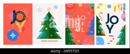 Weihnachtskarten. 2024 Feiertagshintergrund, frohes neues Jahr und frohe Weihnachten Design mit Winterbaum in schlichtem, farbenfrohen geometrischen Stil. Dezember Party Pos. Stock Vektor